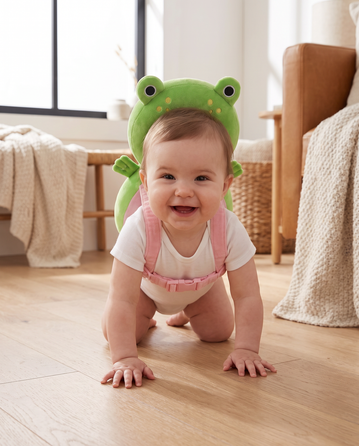 Baby crawling wearing a green frog head protector