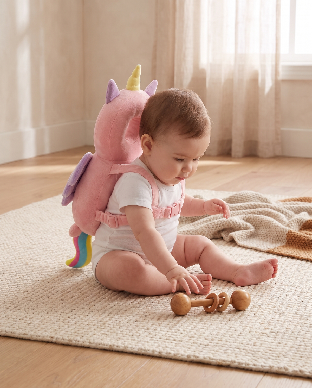 Baby learning to sit wearing a pink unicorn head protector