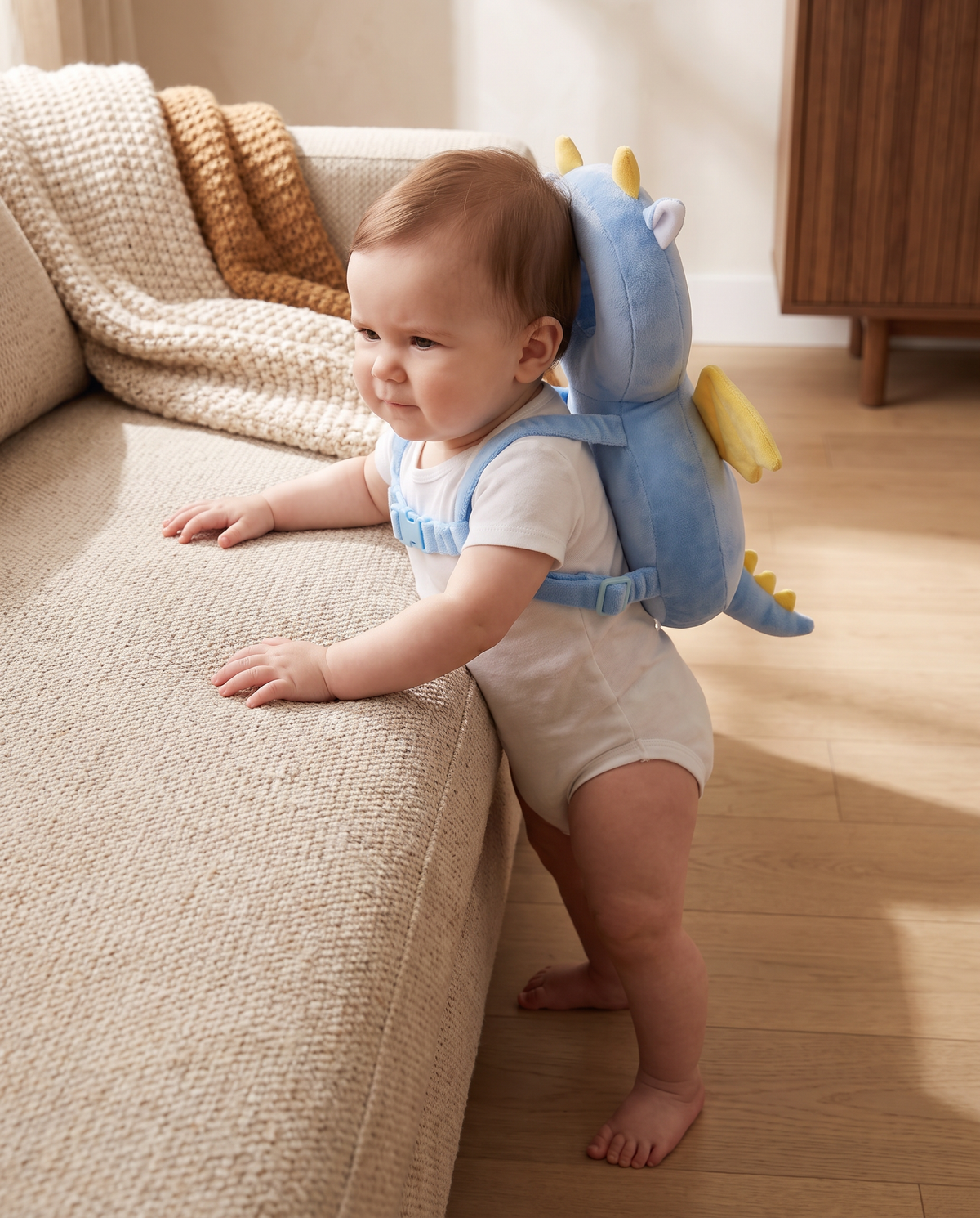 Baby pulling up on the sofa wearing a blue dragon head protector