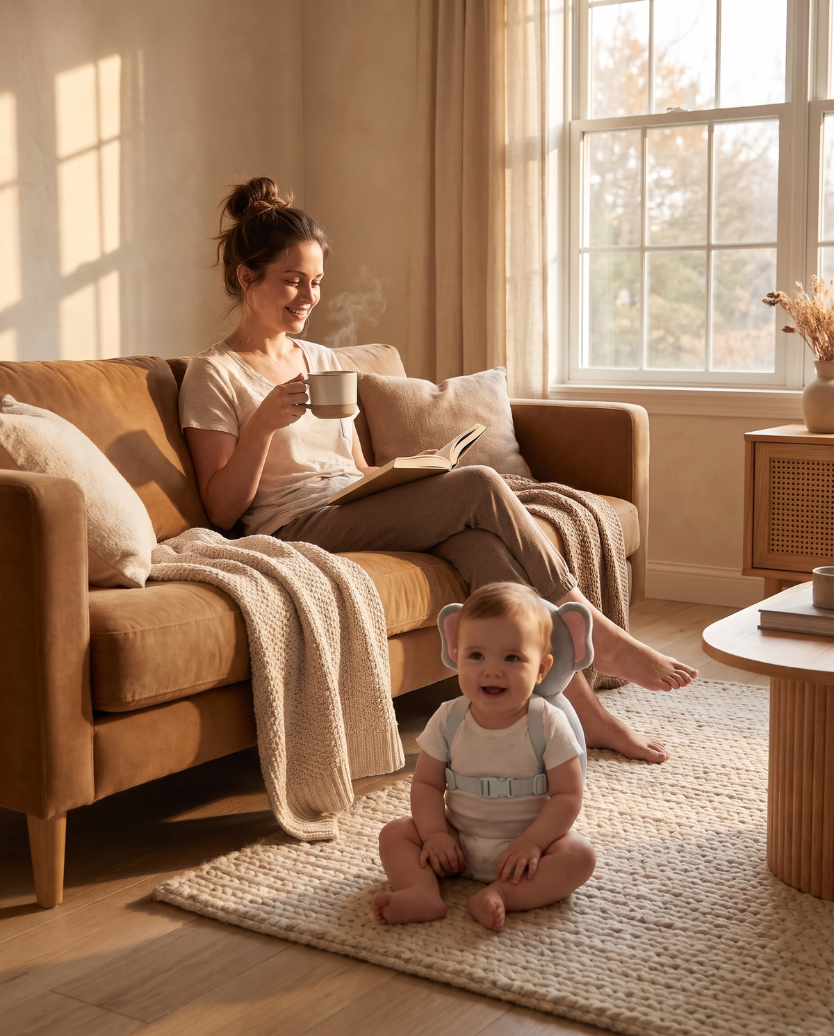 Mother relaxing on the sofa with coffee while her baby plays wearing a grey elephant head protector