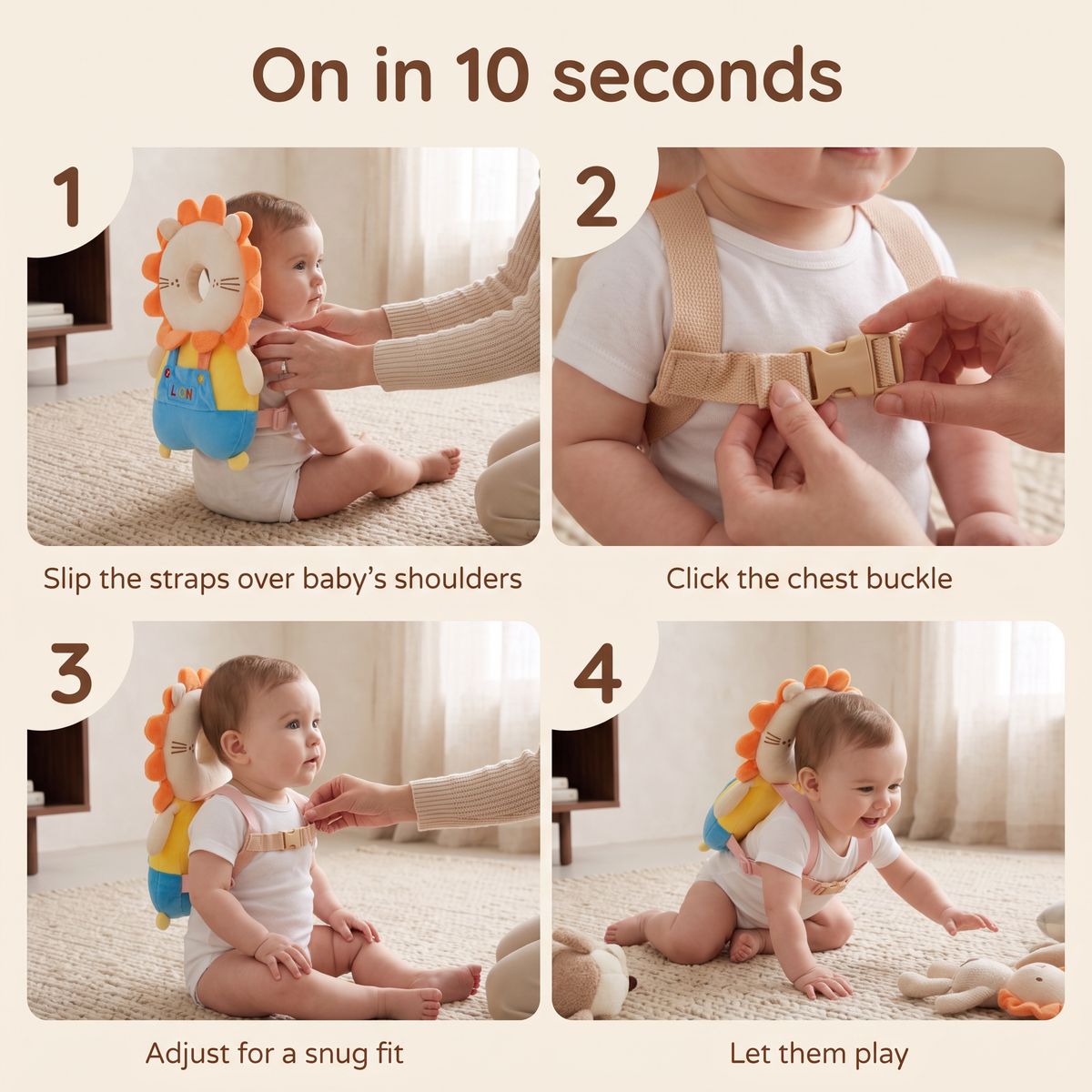 On in 10 seconds: 4 steps to put on the lion head cushion backpack