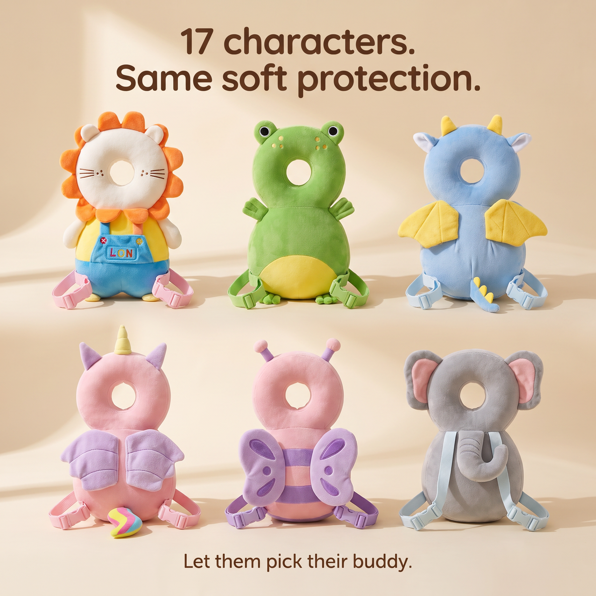 17 characters, same soft protection: lion, frog, dragon, unicorn, bee and elephant head cushion backpacks