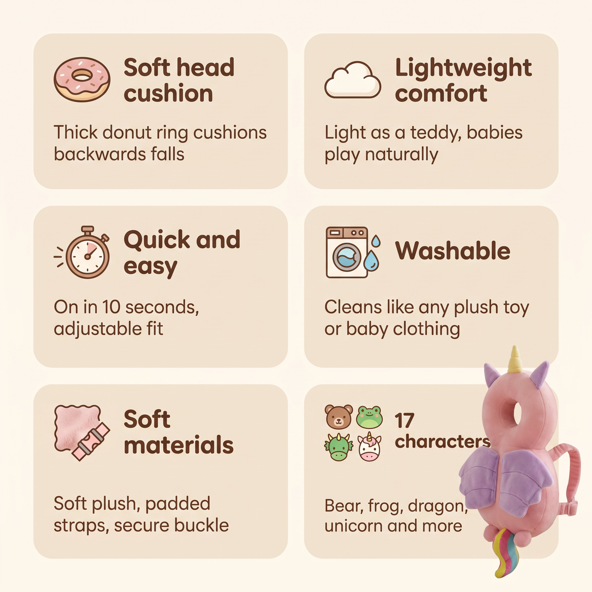 Features of the unicorn head cushion backpack